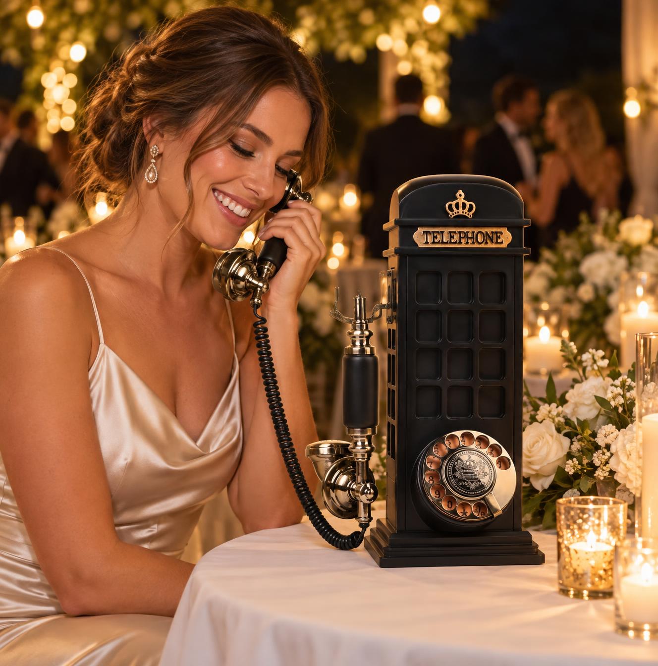 Livre d'or audio : téléphone noir rétro sur une table de réception, une invitée au combiné